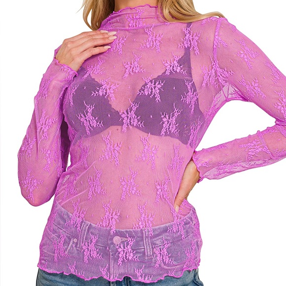 Zenana Outfitters Tops - Lace Layering Long Sleeve Top in Bright Mauve